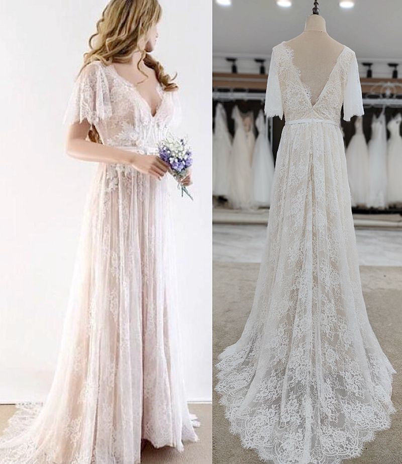 Lace Wedding Dress, Open Back Wedding Dress, Low V-back Dress, Boho Wedding  Dress, Bohemian Wedding Dress, Wedding Dress with Sleeves