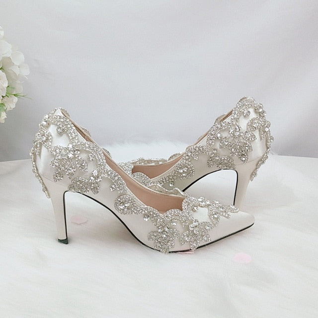 Ivory Crystal Pointed High Heels Wedding Shoes - TulleLux Bridal Crowns &  Accessories 