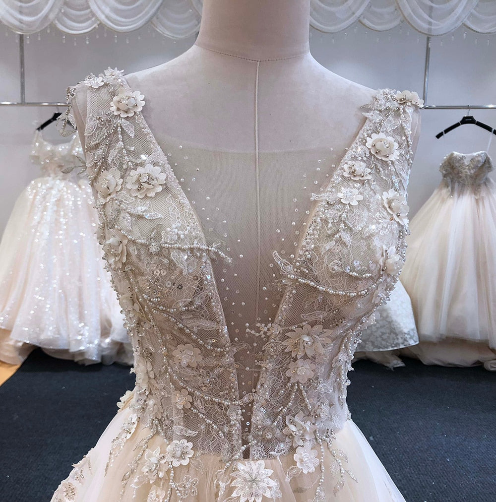 Luxury Beaded Plunge V Neck A-Line Wedding Court Train Bridal Gown
