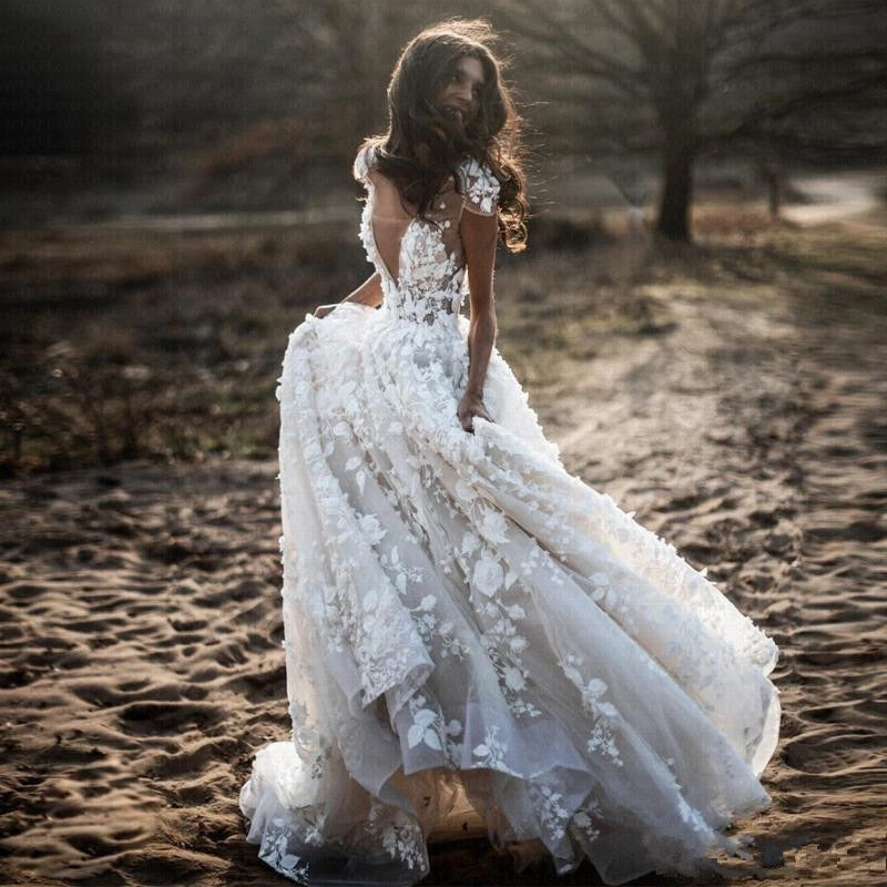 Romantic Boho Country A Line Wedding Bridal Dress With 3D Flowers