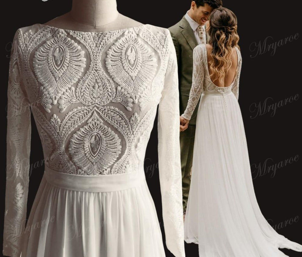 
                      
                        Boho Long Sleeves Lace  Elegant Wedding Dress Chiffon Detachable Train - TulleLux Bridal Crowns &  Accessories 
                      
                    