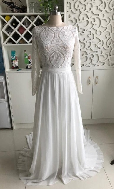 
                      
                        Boho Long Sleeves Lace  Elegant Wedding Dress Chiffon Detachable Train - TulleLux Bridal Crowns &  Accessories 
                      
                    