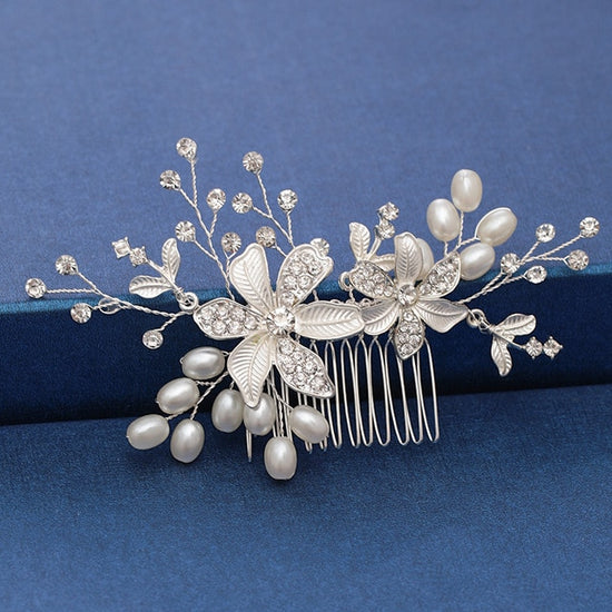Load image into Gallery viewer, Silver Color Pearl Crystal Bridal Wedding Hair Combs - TulleLux Bridal Crowns &amp;amp;  Accessories 
