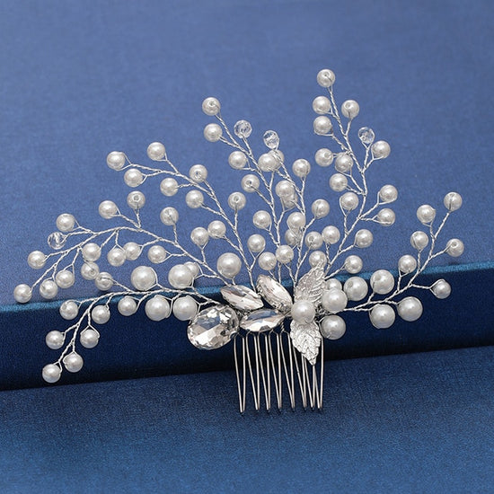 Load image into Gallery viewer, Silver Color Pearl Crystal Bridal Wedding Hair Combs - TulleLux Bridal Crowns &amp;amp;  Accessories 
