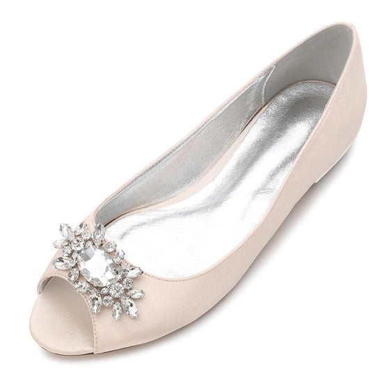 Satin Crystal Wedding Flats Bridal Peep Toe Slip On Dress Shoes
