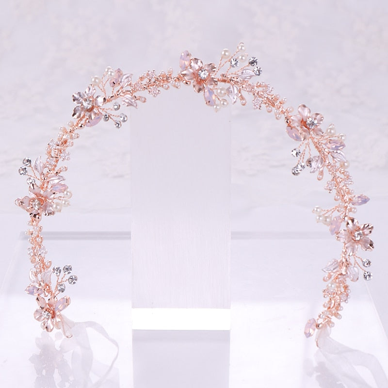 Load image into Gallery viewer, Rose Gold Crystal Pearl Flower Handmade Bridal Tiara - TulleLux Bridal Crowns &amp;amp;  Accessories 
