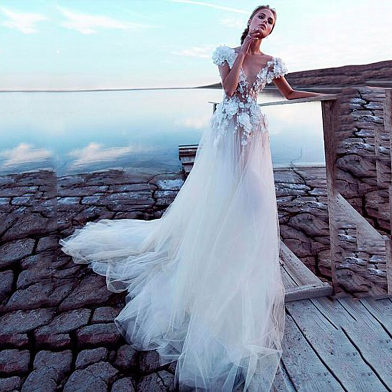 A-line Sweetheart Applique Rustic Beach Wedding Dresses Champagne Brid –  SELINADRESS