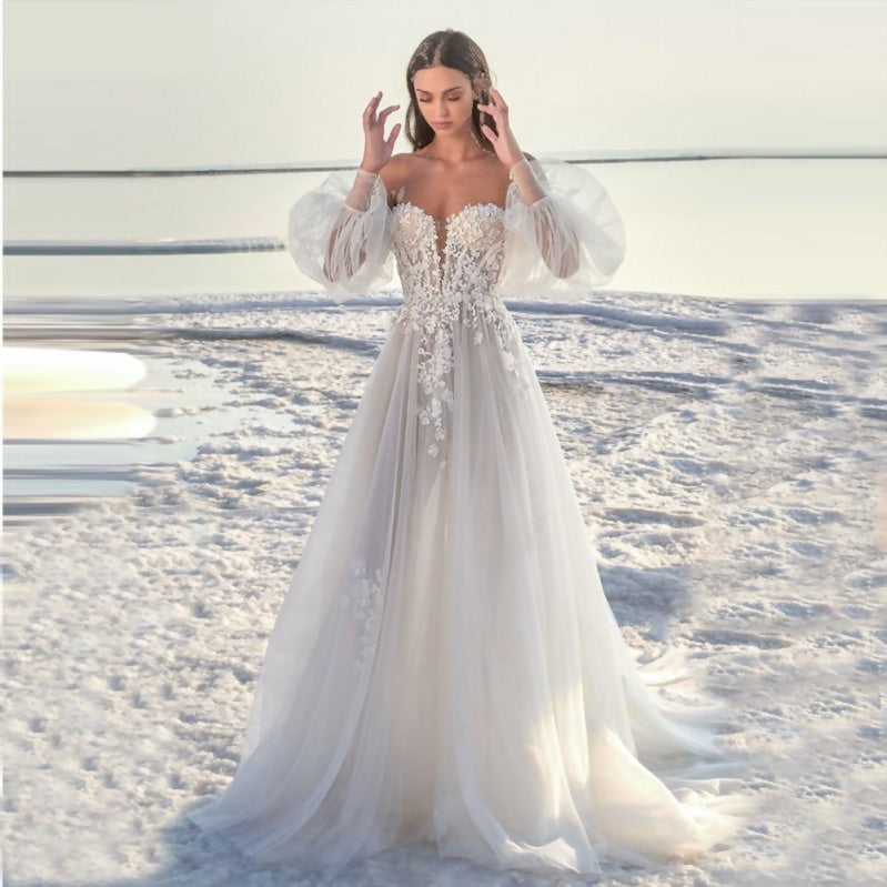 
                      
                        Off Shoulder Puff Sleeve Floral Lace Corset A Line Boho Wedding Bridal Dress
                      
                    