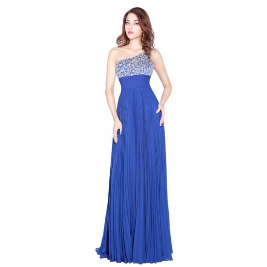 Sexy One Shoulder Royal Blue Prom Dress Chiffon Crystals Beaded Backless Floor Length Party Gown - TulleLux Bridal Crowns &  Accessories 