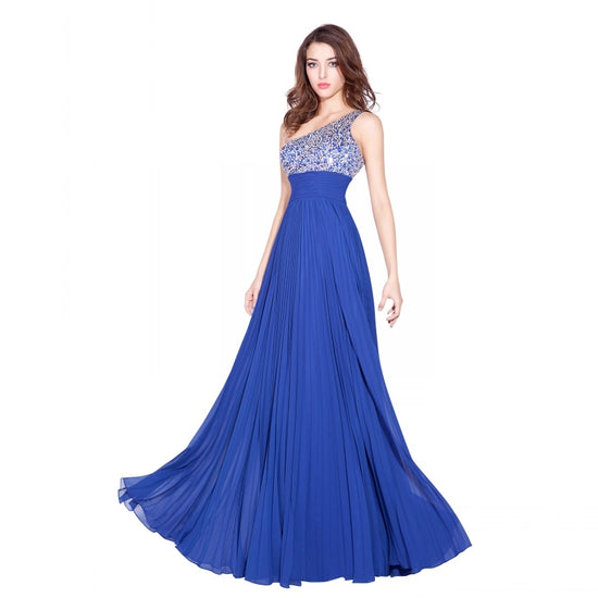 Sexy One Shoulder Royal Blue Prom Dress Chiffon Crystals Beaded Backless Floor Length Party Gown - TulleLux Bridal Crowns &  Accessories 