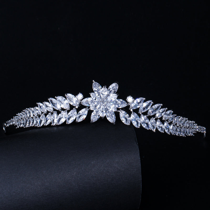 Luxury Marquise Cut Cubic Zirconia Leaf Flower Bridal Wedding Tiara Crown