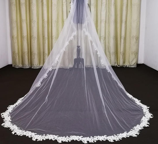 Load image into Gallery viewer, 3 Meter Bridal Veil Applique Edge Cathedral Wedding Veil With Comb - TulleLux Bridal Crowns &amp;amp;  Accessories 
