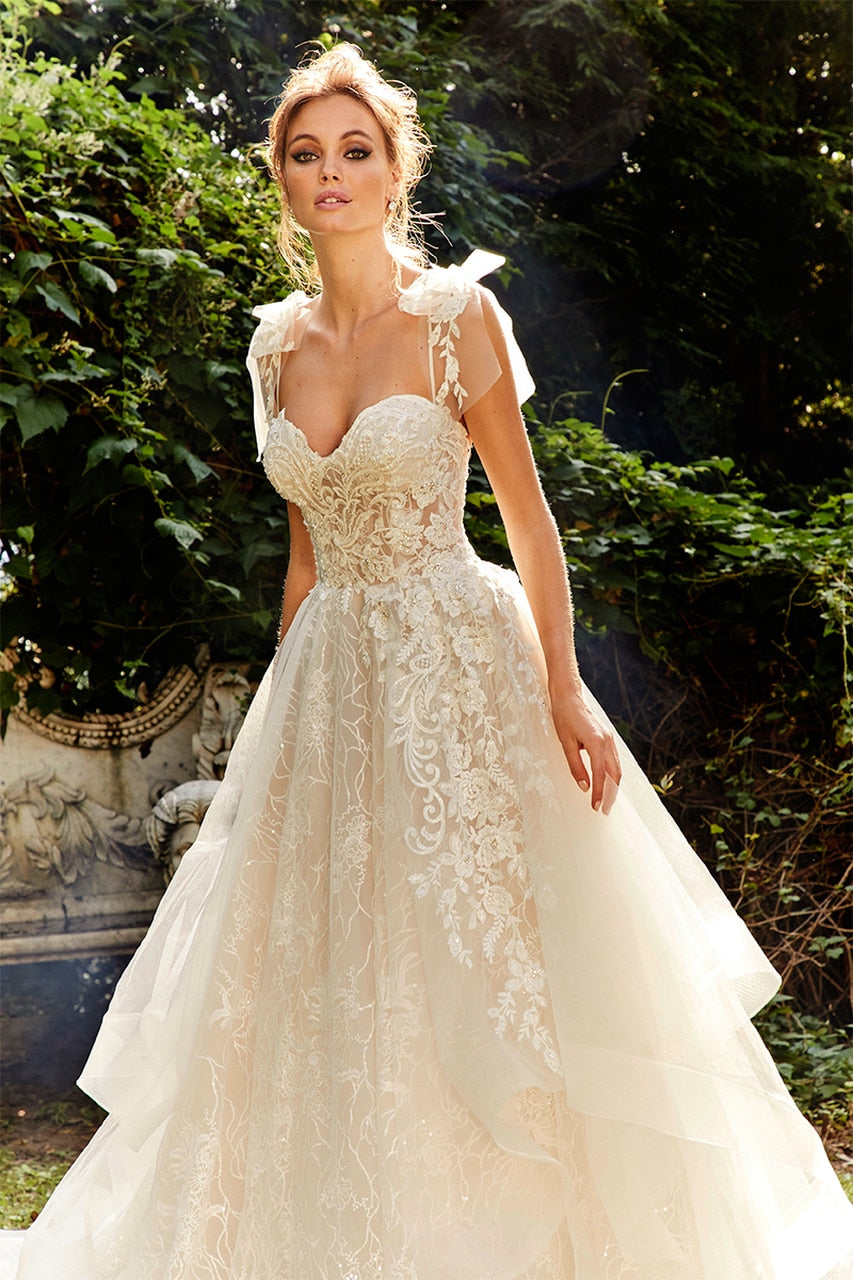 Tiered Lace A-line Illusion Back Court Train Wedding Bridal Gown