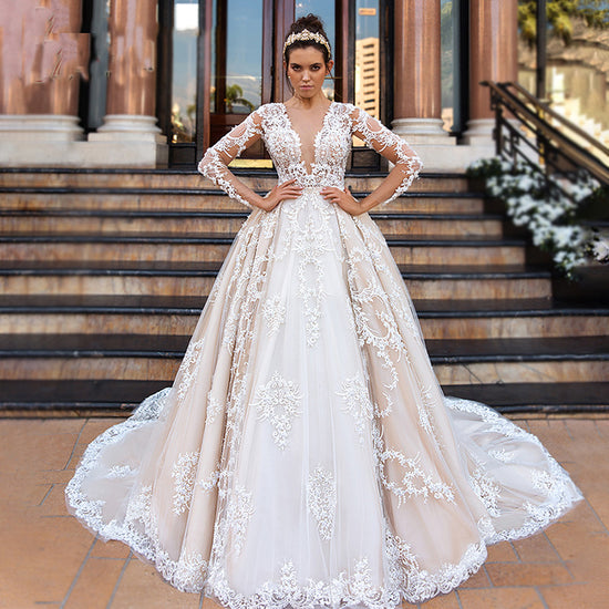 Luxury Lace A Line Illusion Princess Bride Wedding Ball Gown
