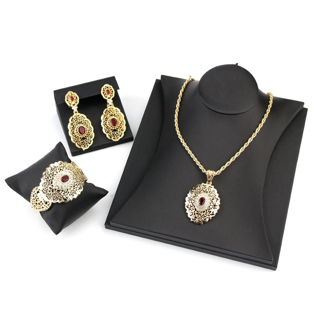 Load image into Gallery viewer, Chic Morocco Wedding Jewelry Set Gold Color Drop Earring Cuff Bracelet Bangle Pendant Necklace

