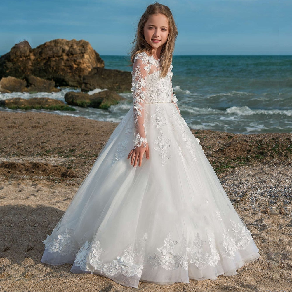 Flower Girls Long Sleeves Ball Gown with Pearl Sash Holy First Communion Princess Dress - TulleLux Bridal Crowns &  Accessories 