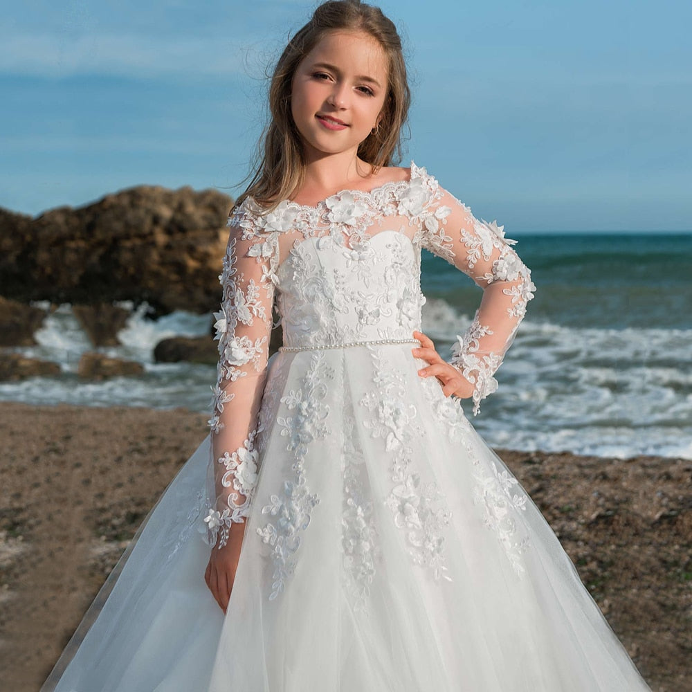 Flower Girls Long Sleeves Ball Gown with Pearl Sash Holy First Communion Princess Dress - TulleLux Bridal Crowns &  Accessories 