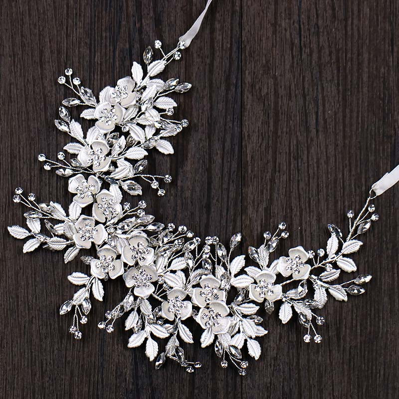 White Beaded Rhinestone Leaf Cluster Headband Hairband Wedding Hair Vine - TulleLux Bridal Crowns &  Accessories 