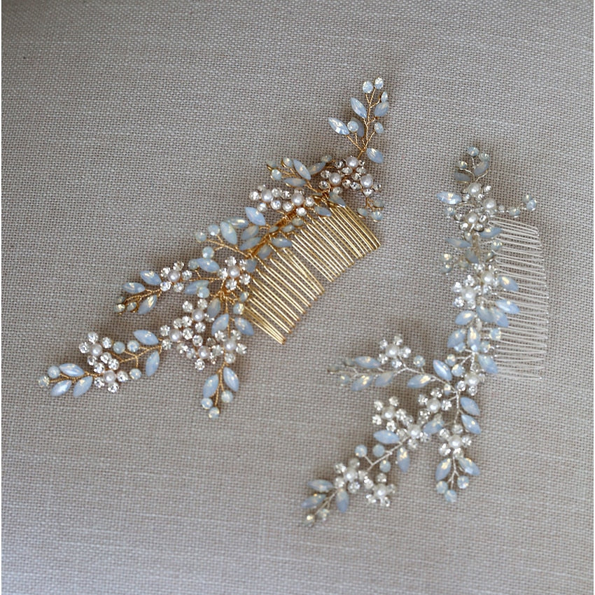 Baby Blue Trailing Pearl Rhinestone  Bridal Hair Comb - TulleLux Bridal Crowns &  Accessories 