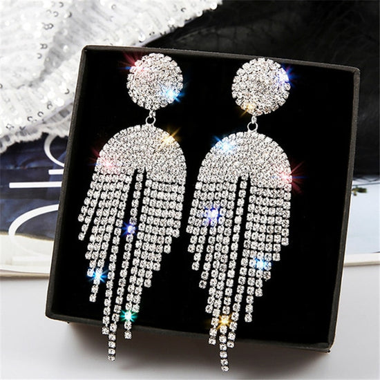 Long Tassel Crystal Drop Rhinestone Earrings - TulleLux Bridal Crowns &  Accessories 