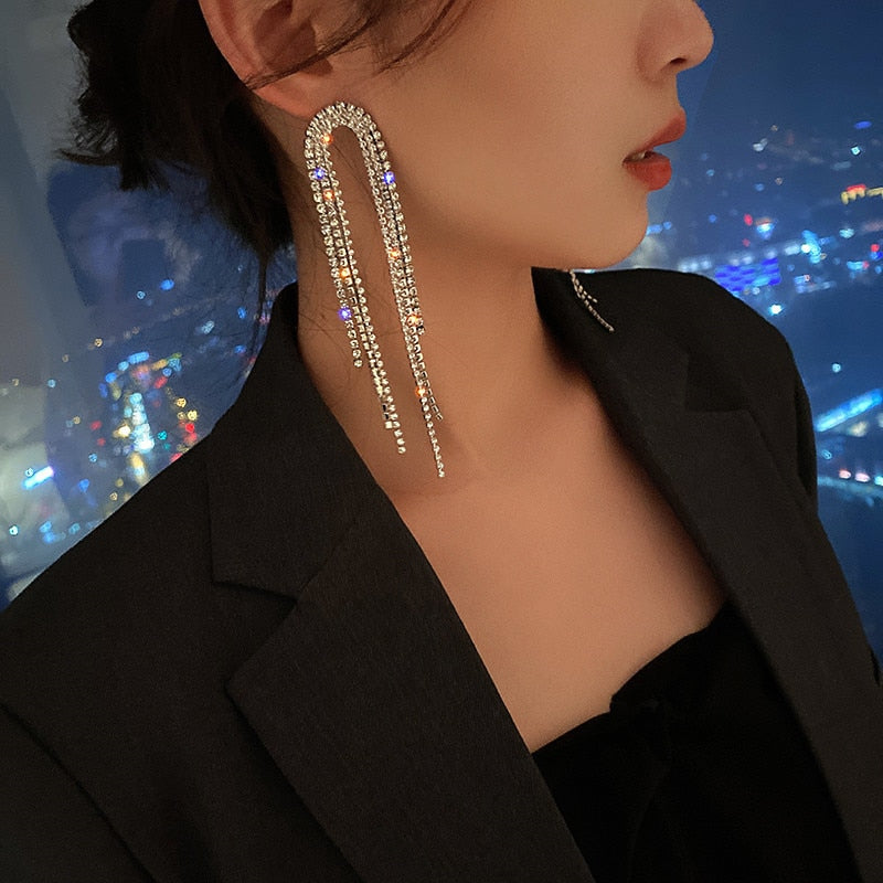 Long Tassel Crystal Drop Earrings Geometric Full Rhinestone Earrings - TulleLux Bridal Crowns &  Accessories 