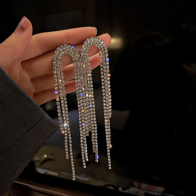 Long Tassel Crystal Drop Earrings Geometric Full Rhinestone Earrings - TulleLux Bridal Crowns &  Accessories 