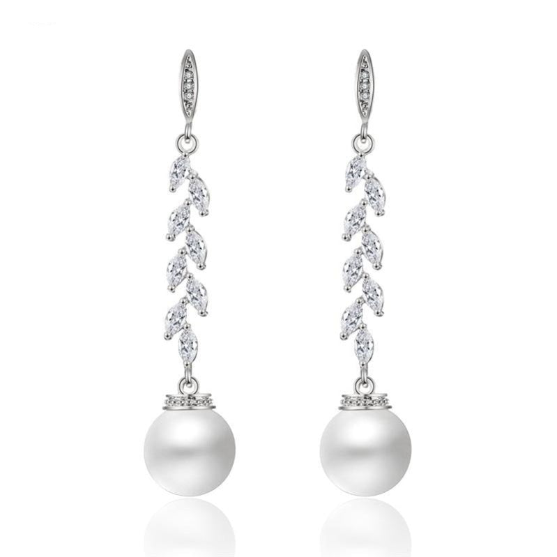 
                      
                        Cubic Zirconia Crystal Leaf Long Drop Earrings With Imitation Pearls - TulleLux Bridal Crowns &  Accessories 
                      
                    