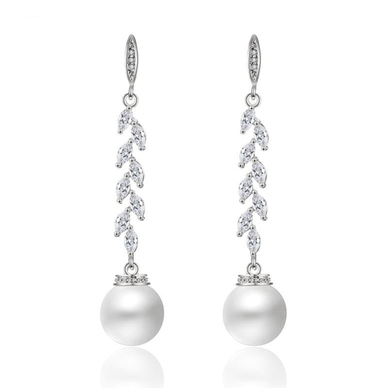 Cubic Zirconia Crystal Leaf Long Drop Earrings With Imitation Pearls - TulleLux Bridal Crowns &  Accessories 