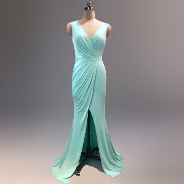 Load image into Gallery viewer, Sexy Mermaid V-Neck Evening Pageant Dress Gown Pleated Waist High Slit - TulleLux Bridal Crowns &amp;amp;  Accessories 
