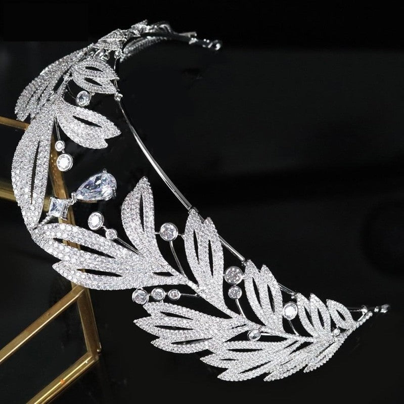 Luxury Cubic Zirconia Royal Princess Laurel Leaf Wedding Bridal Tiaras Pageant Crown - TulleLux Bridal Crowns &  Accessories 