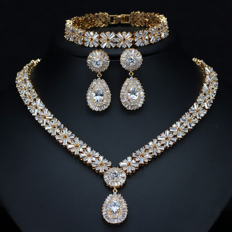 Cubic Zircon Exclusive Dubai Gold Plate Luxury Necklace Earring Bracelet Party Jewelry Set