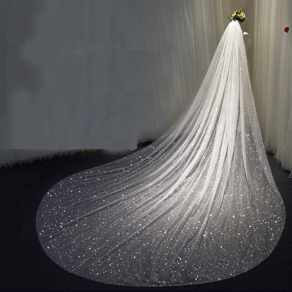Weddingdress Store Bling Bridal Veil Sparkly Champagne Cathedral Sequined Wedding Veil with Comb