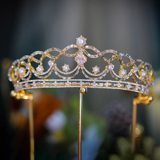 Elegant Bridal Tiara Crown Pearls Crystal  Wedding Hair Accessory - TulleLux Bridal Crowns &  Accessories 