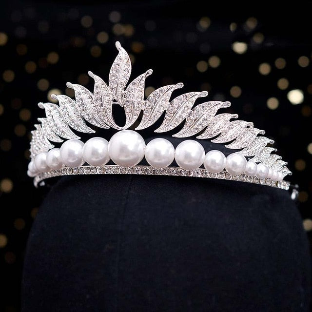 Luxury Imitation Pearl Crown Handmade Crystal Leaf Tiara Bride Wedding Accessory - TulleLux Bridal Crowns &  Accessories 
