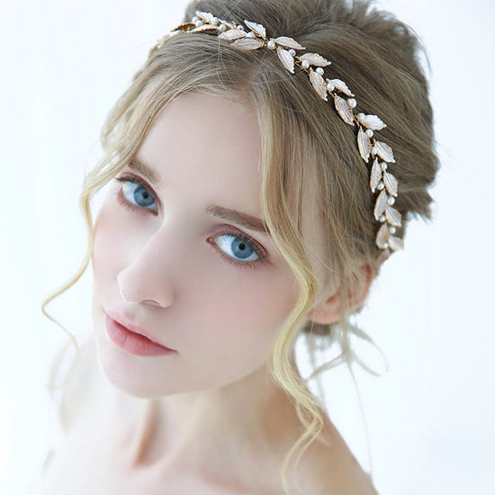 Minimalist Wedding Bridal Hair Ornament Vintage Leaves Pearls Headband - TulleLux Bridal Crowns &  Accessories 