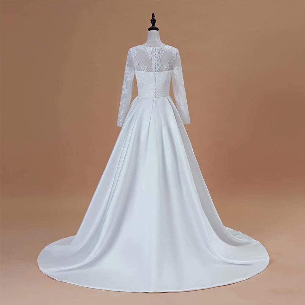 Satin & Lace Long Sleeve Wedding Dress  A-Line Bridal Gown With Pockets - TulleLux Bridal Crowns &  Accessories 