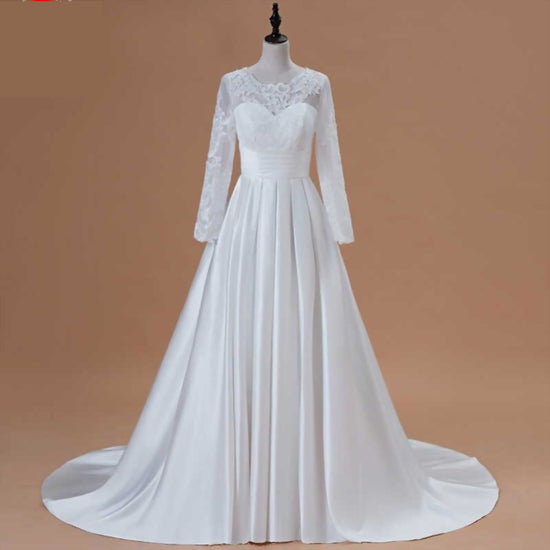 Satin & Lace Long Sleeve Wedding Dress  A-Line Bridal Gown With Pockets - TulleLux Bridal Crowns &  Accessories 