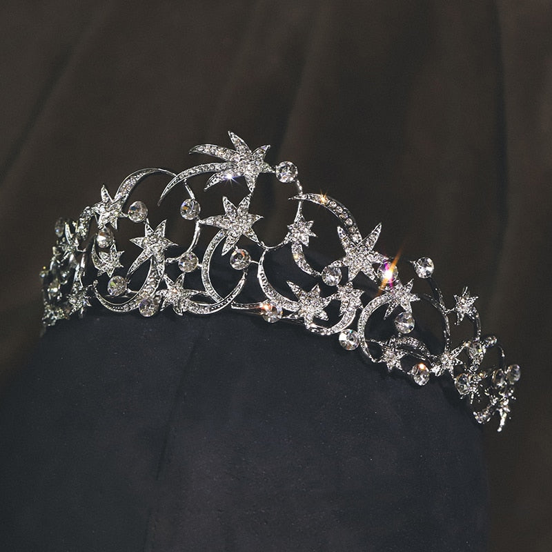 Load image into Gallery viewer, Silver Star Bridal Birthday Party Crown Fashion Princess Hair Accessories - TulleLux Bridal Crowns &amp;amp;  Accessories 
