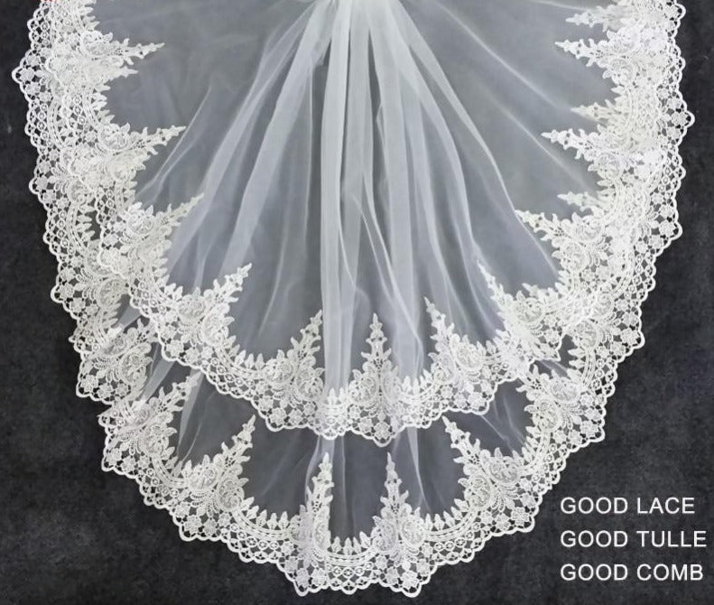 Two Layer Lace Edge Short Wedding Tulle Bridal Veil - TulleLux Bridal Crowns &  Accessories 