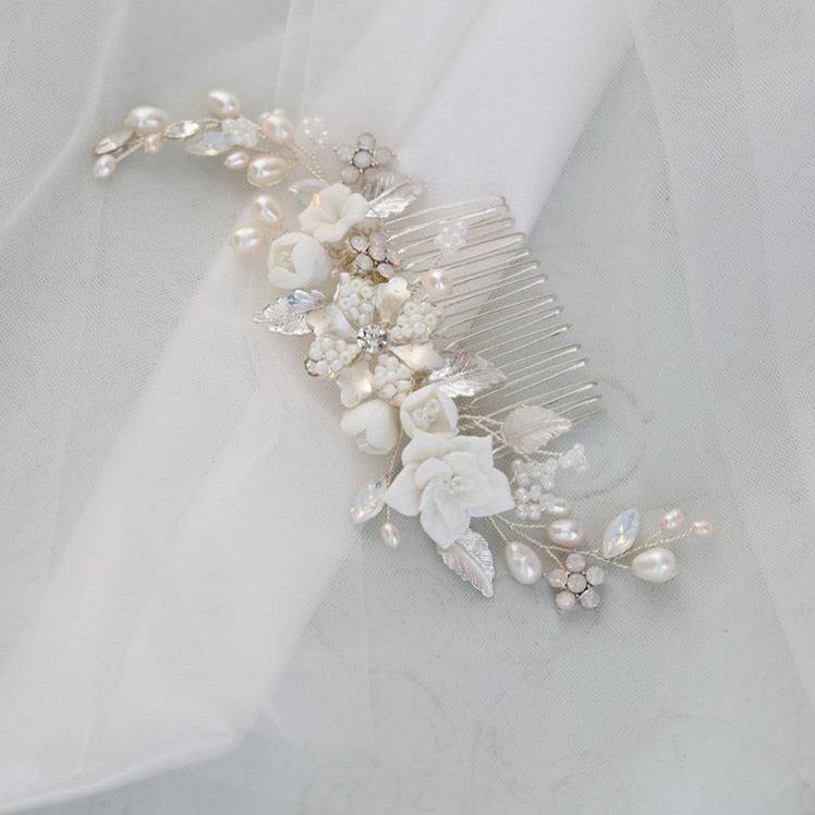 Handmade White Porcelain Flower Wedding Comb Hair Piece With Pearls - TulleLux Bridal Crowns &  Accessories 