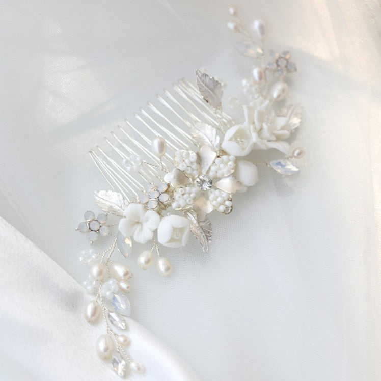 Handmade White Porcelain Flower Wedding Comb Hair Piece With Pearls - TulleLux Bridal Crowns &  Accessories 