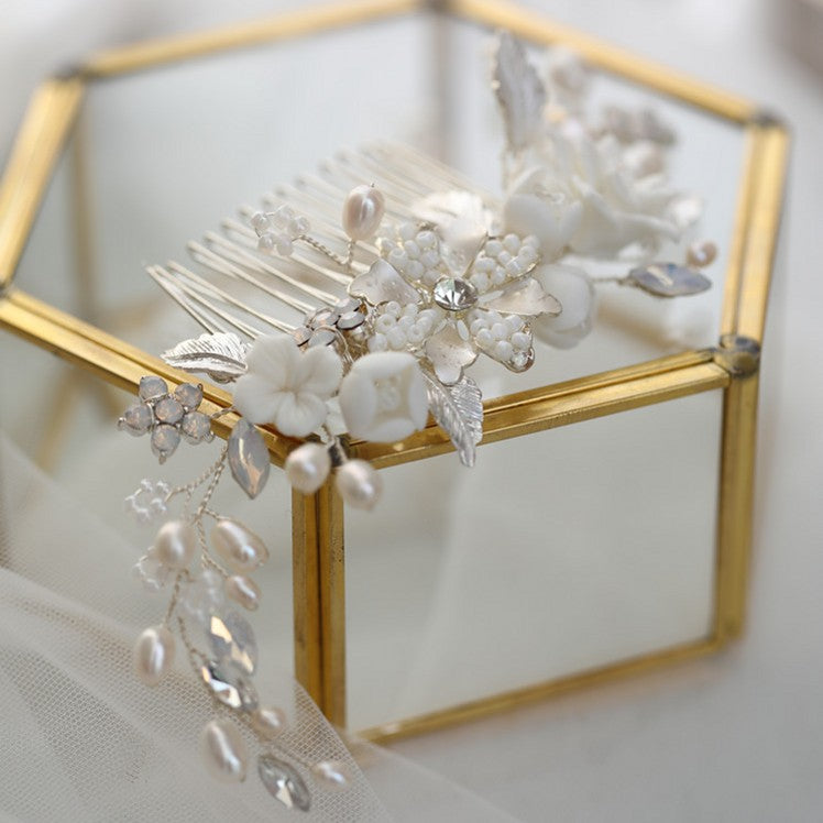 Handmade White Porcelain Flower Wedding Comb Hair Piece With Pearls - TulleLux Bridal Crowns &  Accessories 