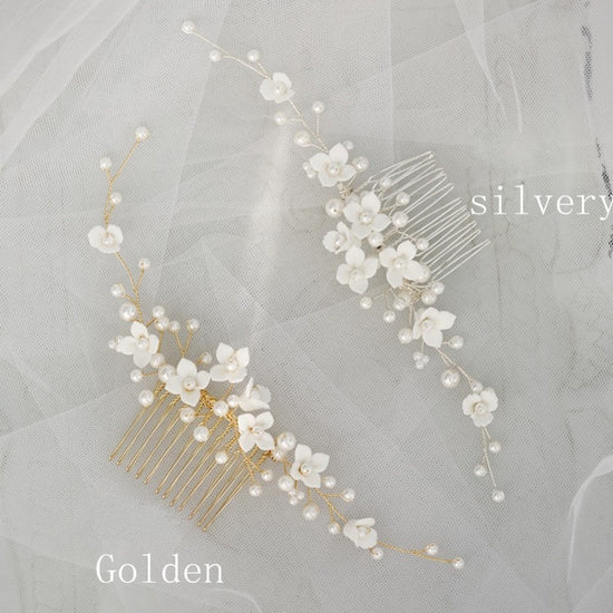 Handmade White Porcelain Flower Wedding Hair Comb Vine With Pearls - TulleLux Bridal Crowns &  Accessories 