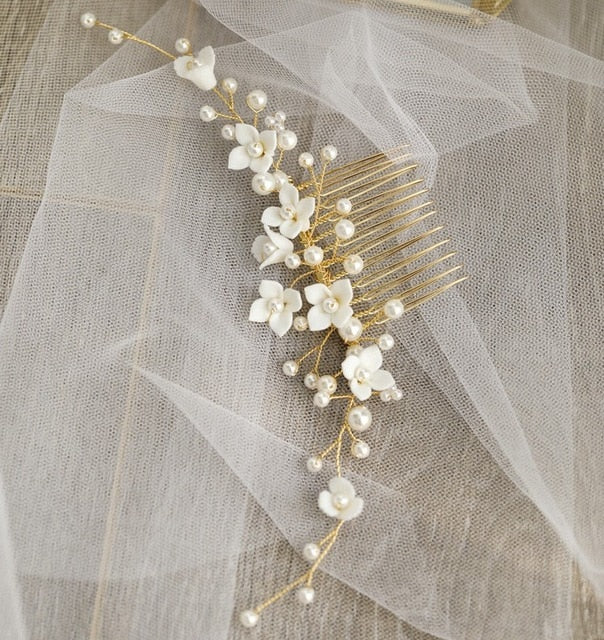 Handmade White Porcelain Flower Wedding Hair Comb Vine With Pearls - TulleLux Bridal Crowns &  Accessories 