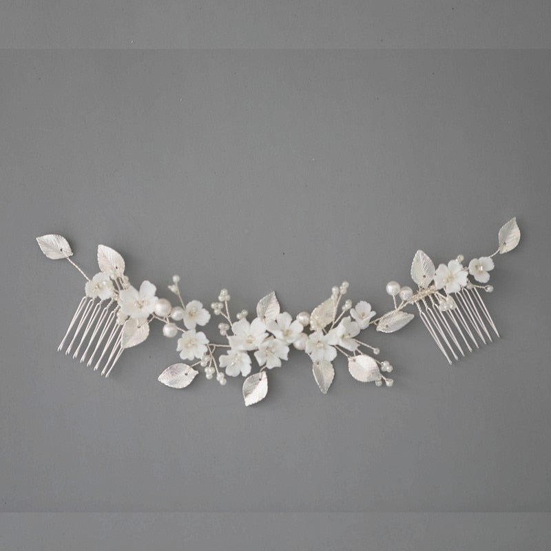 Silver Bridal Hair Comb White Porcelain Flower Wedding Headpiece - TulleLux Bridal Crowns &  Accessories 