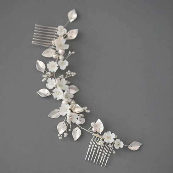 Load image into Gallery viewer, Silver Bridal Hair Comb White Porcelain Flower Wedding Headpiece - TulleLux Bridal Crowns &amp;amp;  Accessories 
