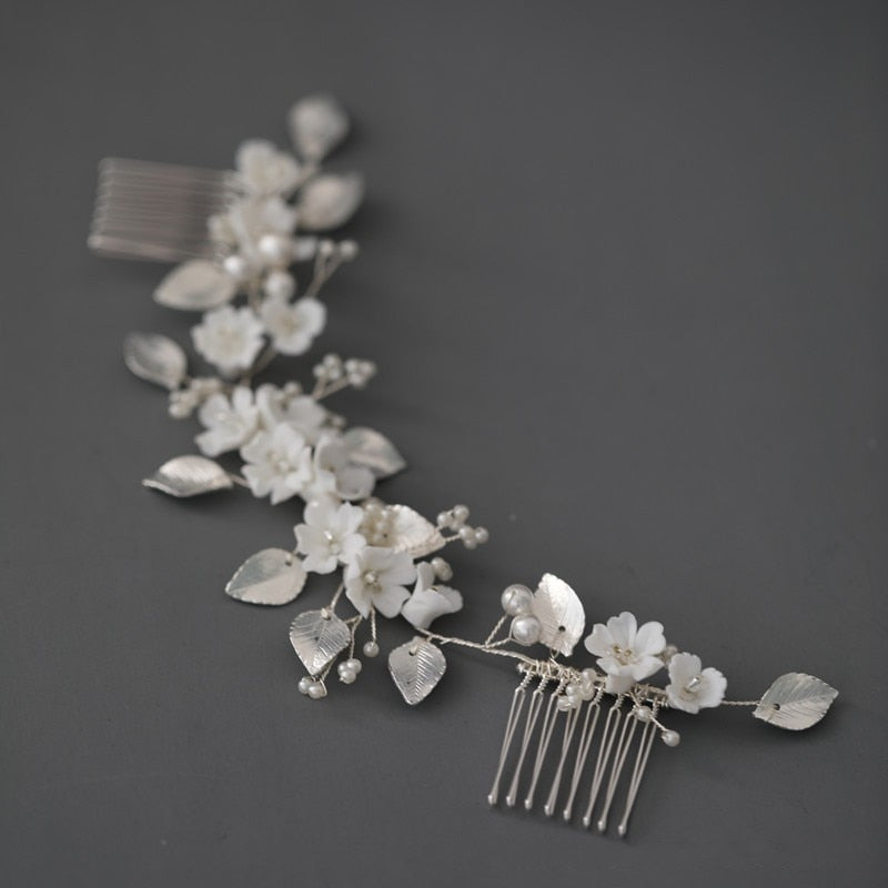 Load image into Gallery viewer, Silver Bridal Hair Comb White Porcelain Flower Wedding Headpiece - TulleLux Bridal Crowns &amp;amp;  Accessories 
