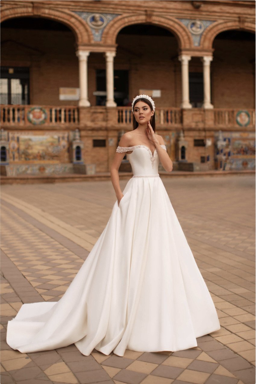 Vintage Matt Satin Wedding Dress Beaded Pearl Sash A Line Bridal Gown - TulleLux Bridal Crowns &  Accessories 