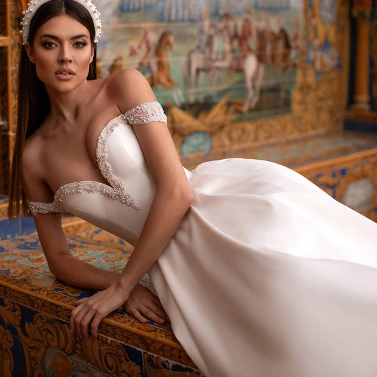 Vintage Matt Satin Wedding Dress Beaded Pearl Sash A Line Bridal Gown - TulleLux Bridal Crowns &  Accessories 