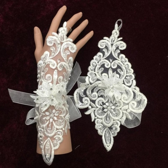Load image into Gallery viewer, Lace Beaded Ribbon Hand Gloves - TulleLux Bridal Crowns &amp;amp;  Accessories 
